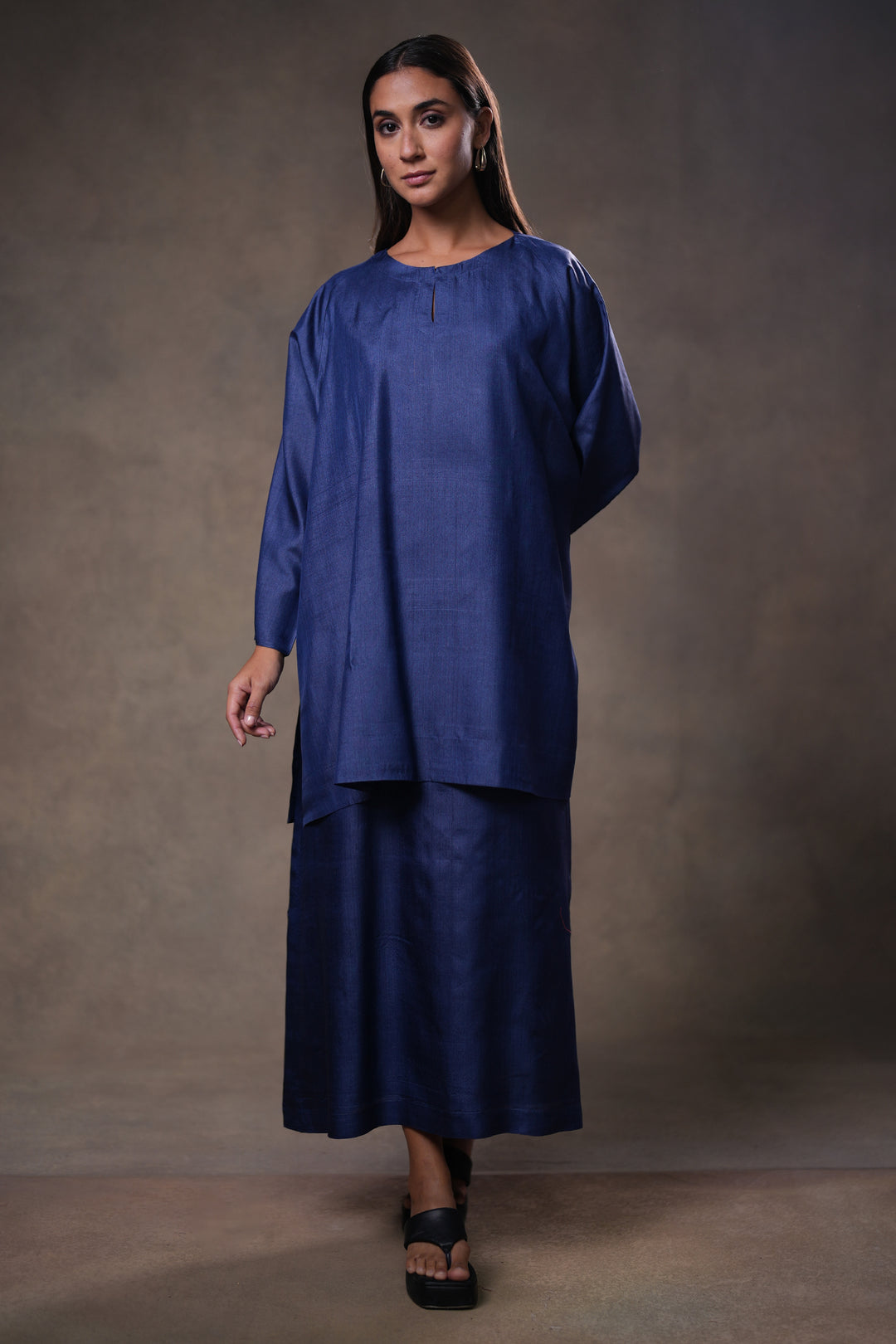 Layered Indigo Blue Tussar Silk Dress with Oversized Tunic