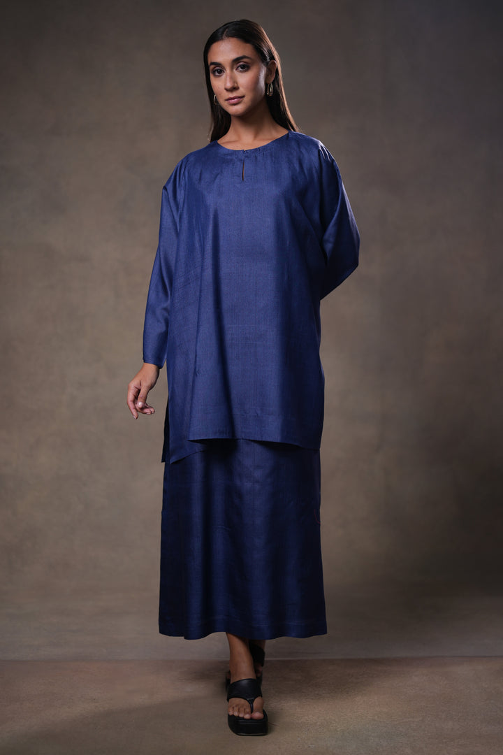 Layered Indigo Blue Tussar Silk Dress with Oversized Tunic