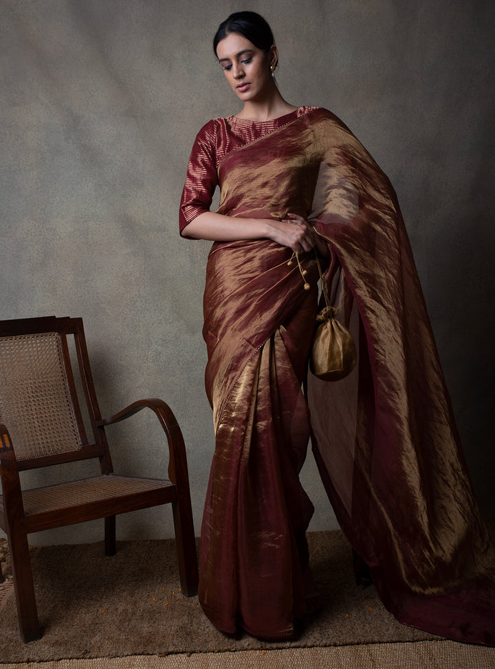 Maroon Solid Tissue Saree