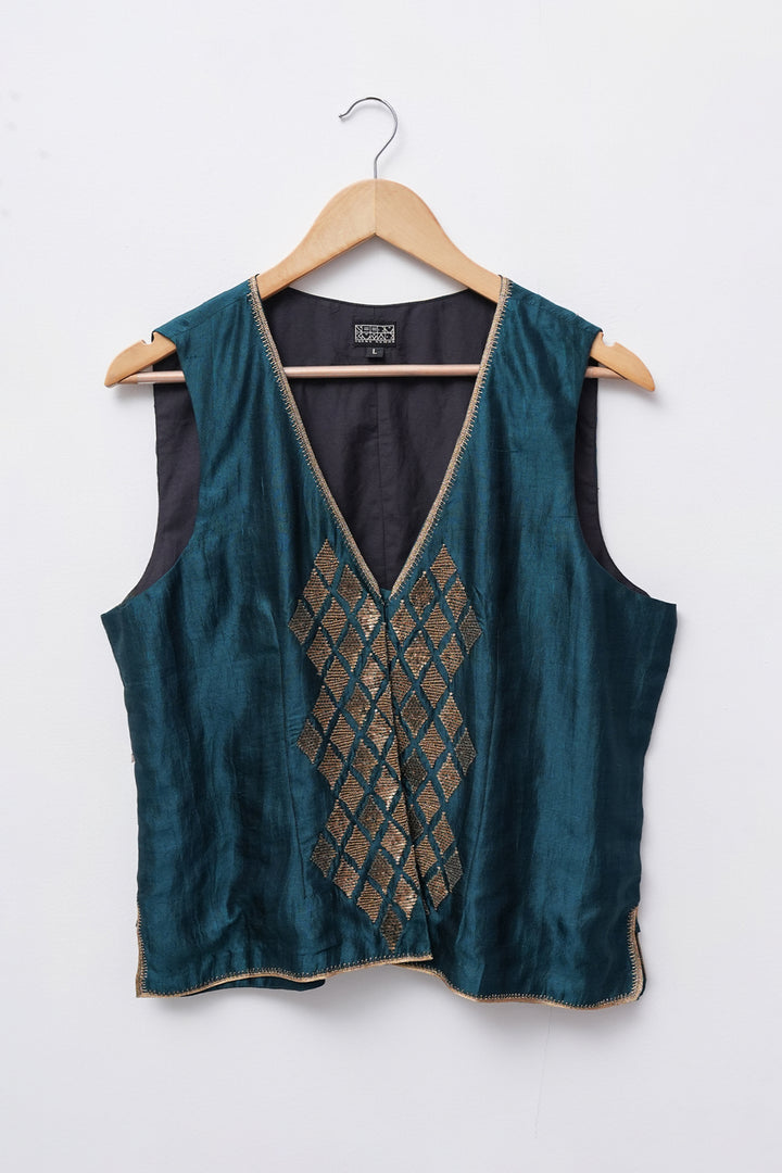 Teal Blue Hand Embroidered Silk Jacket