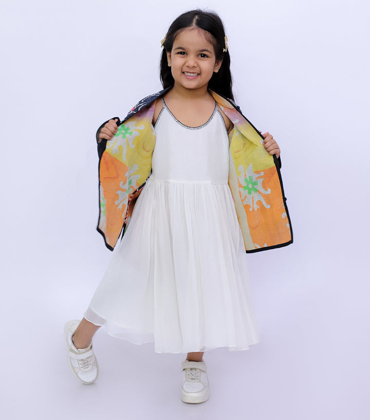Black Vintage Cotton Kantha Jacket For Kids