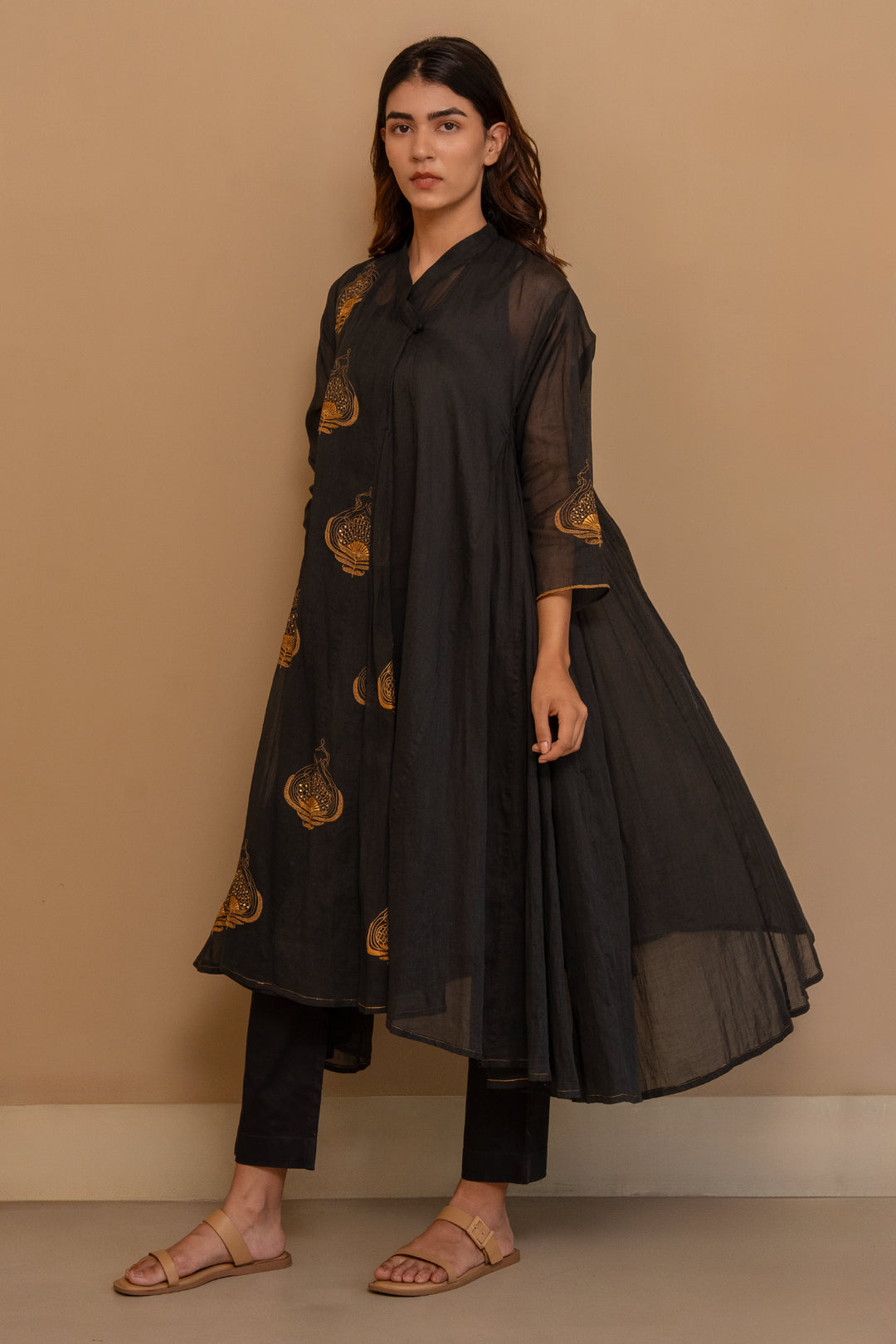 Black Embroidery Fine Cotton Choga