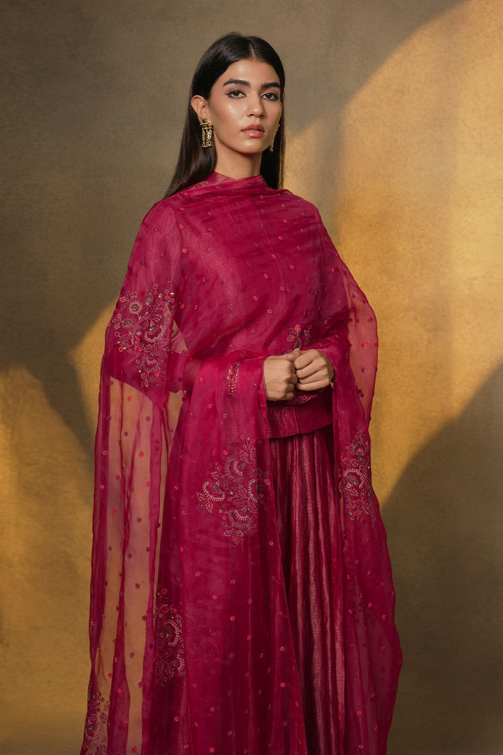 Magenta Pink Hand Embroidered Tissue Lehenga Set