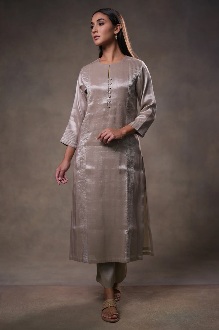 Champagne Tissue Kurta with Pants and Dupatta