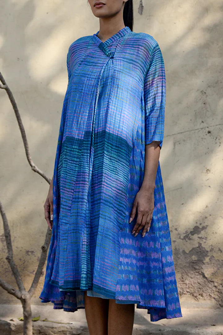 Blue Printed Stripe Chanderi Choga