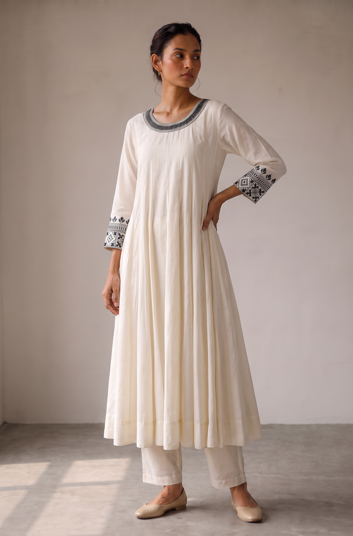 Off White & Black Embroidered Cotton Silk Kurta Set