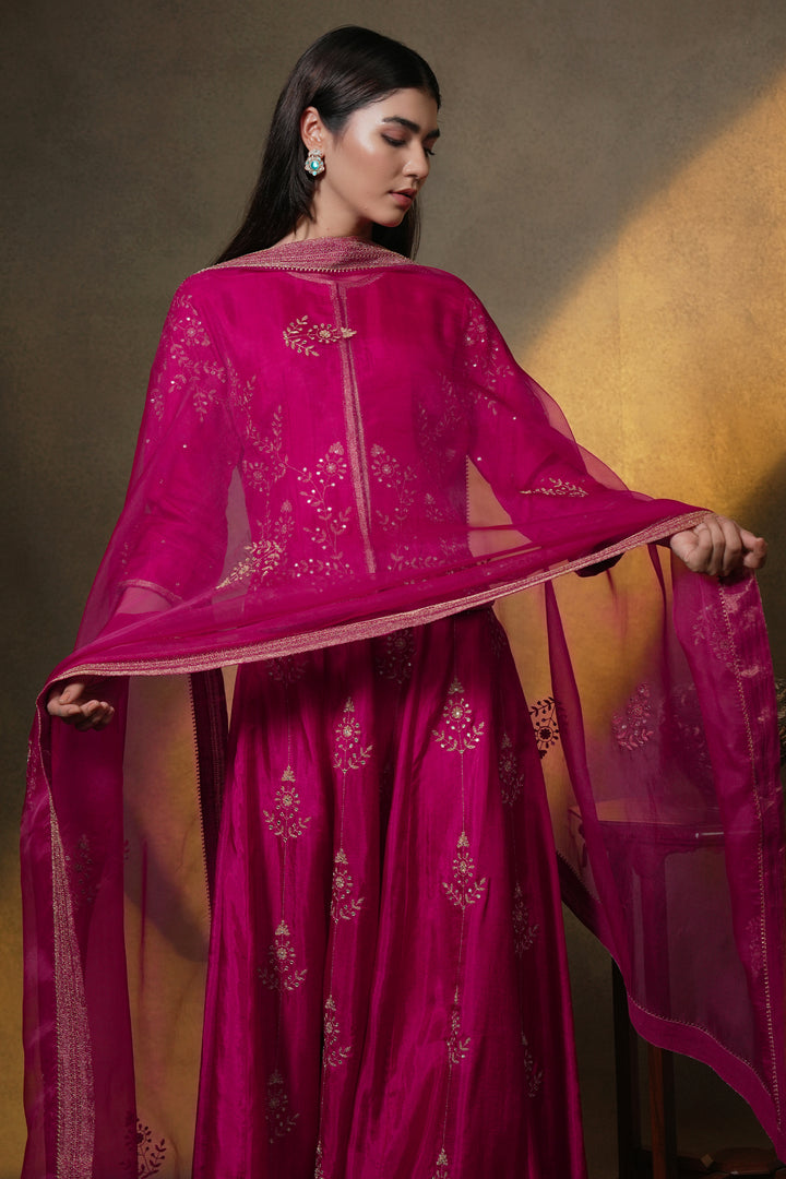 Pink Hand Embroidered Silk Lehenga with Kurti & Dupatta - Set of 3