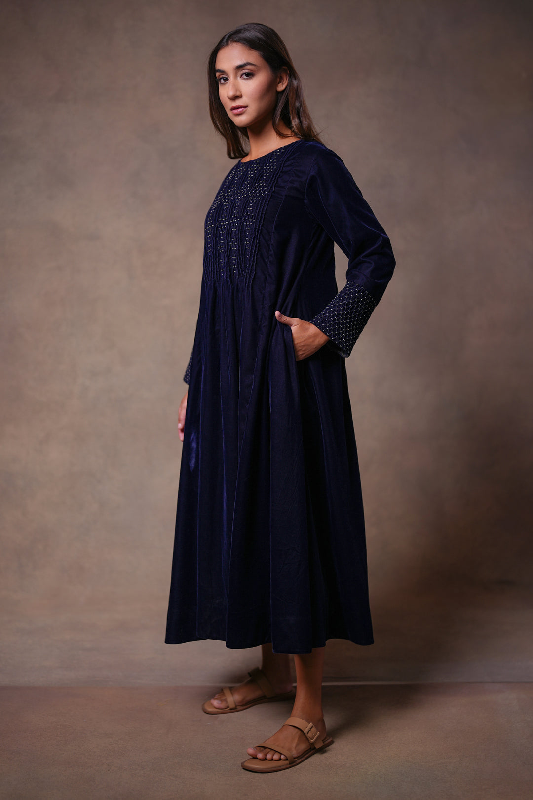 Navy Hand Embroidered Velvet Dress