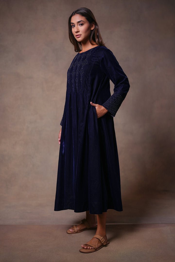 Navy Hand Embroidered Velvet Dress
