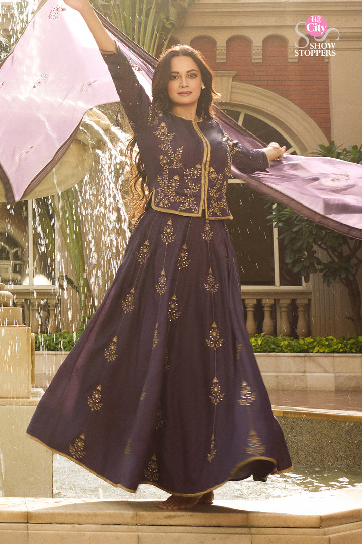 Dia Mirza in Purple Hand Embroidered Silk Lehenga Set with Kurti & Dupatta