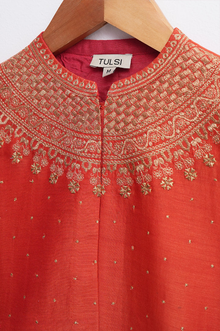Orange Chanderi Hand Embroidered Blouse