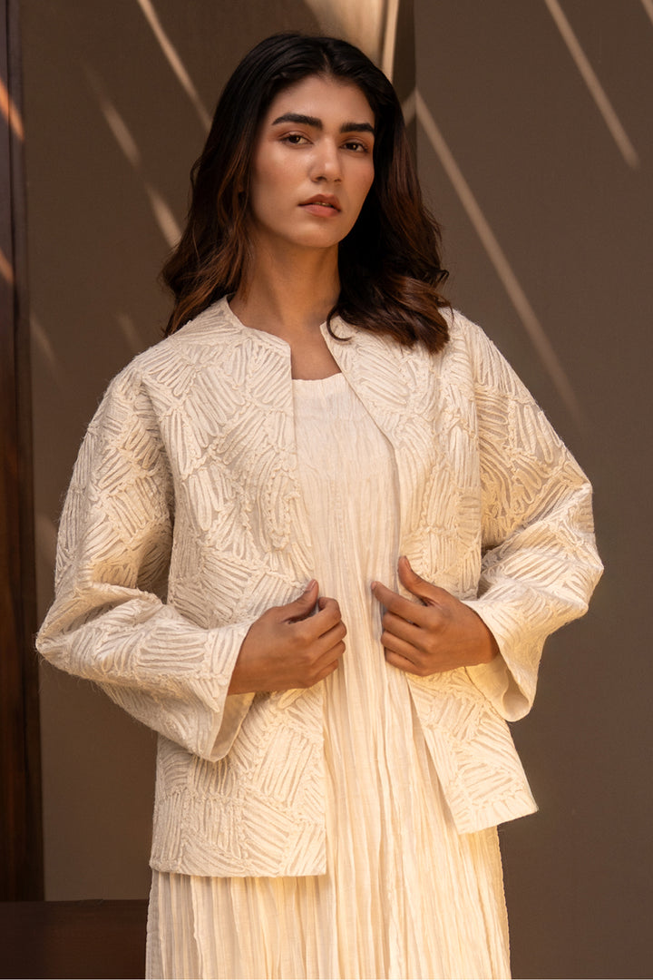 Natural Crinkled Chanderi Dress with Textured Embroidered Jacket
