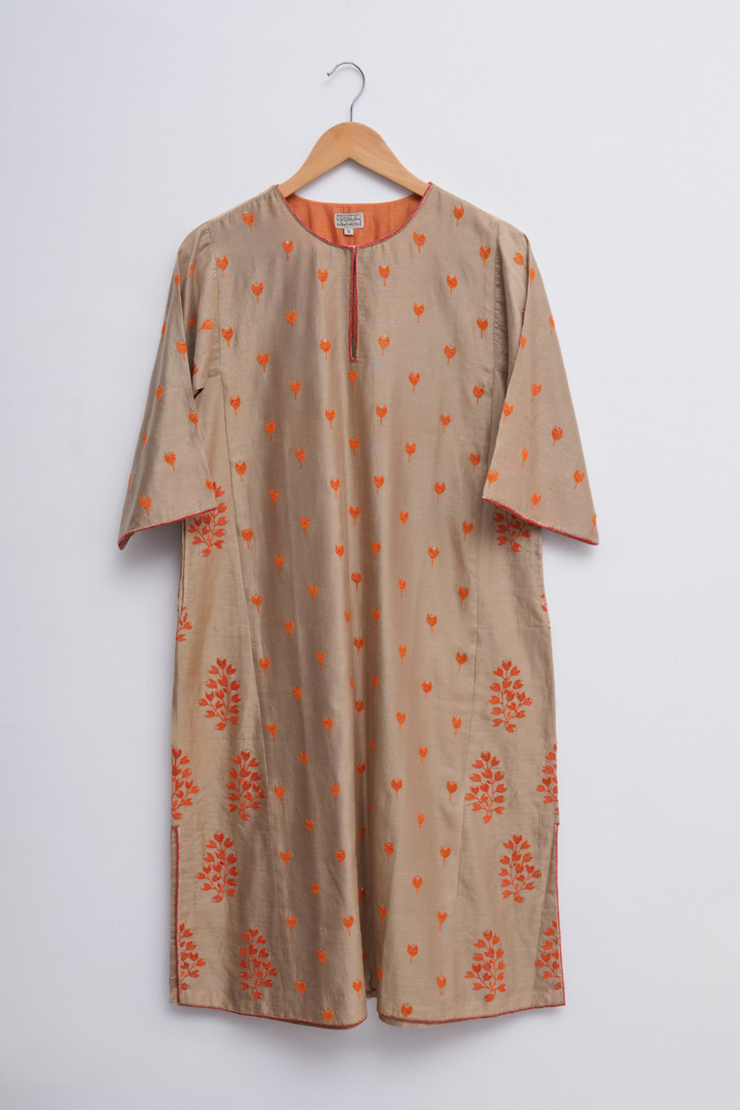 Beige Embroidered Cotton Silk Kurta
