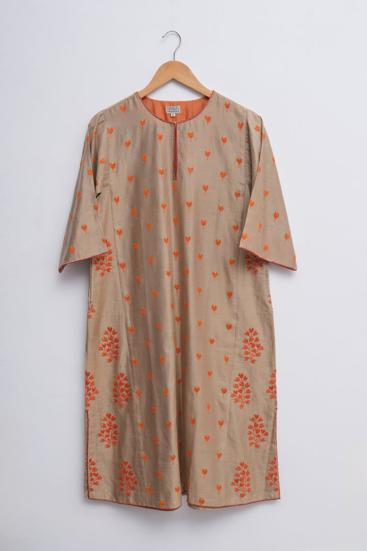 Beige Embroidered Cotton Silk Kurta