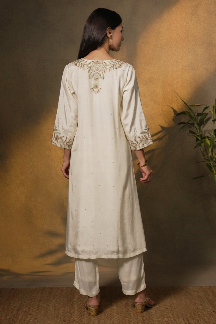 Natural Hand Embroidered Cotton Silk Kurta with Pants and Organza Dupatta