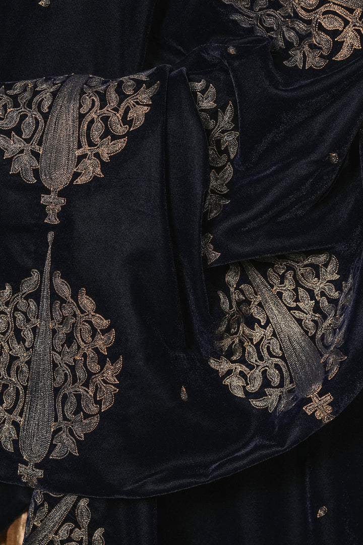 Navy Hand Embroidered Velvet Dupatta