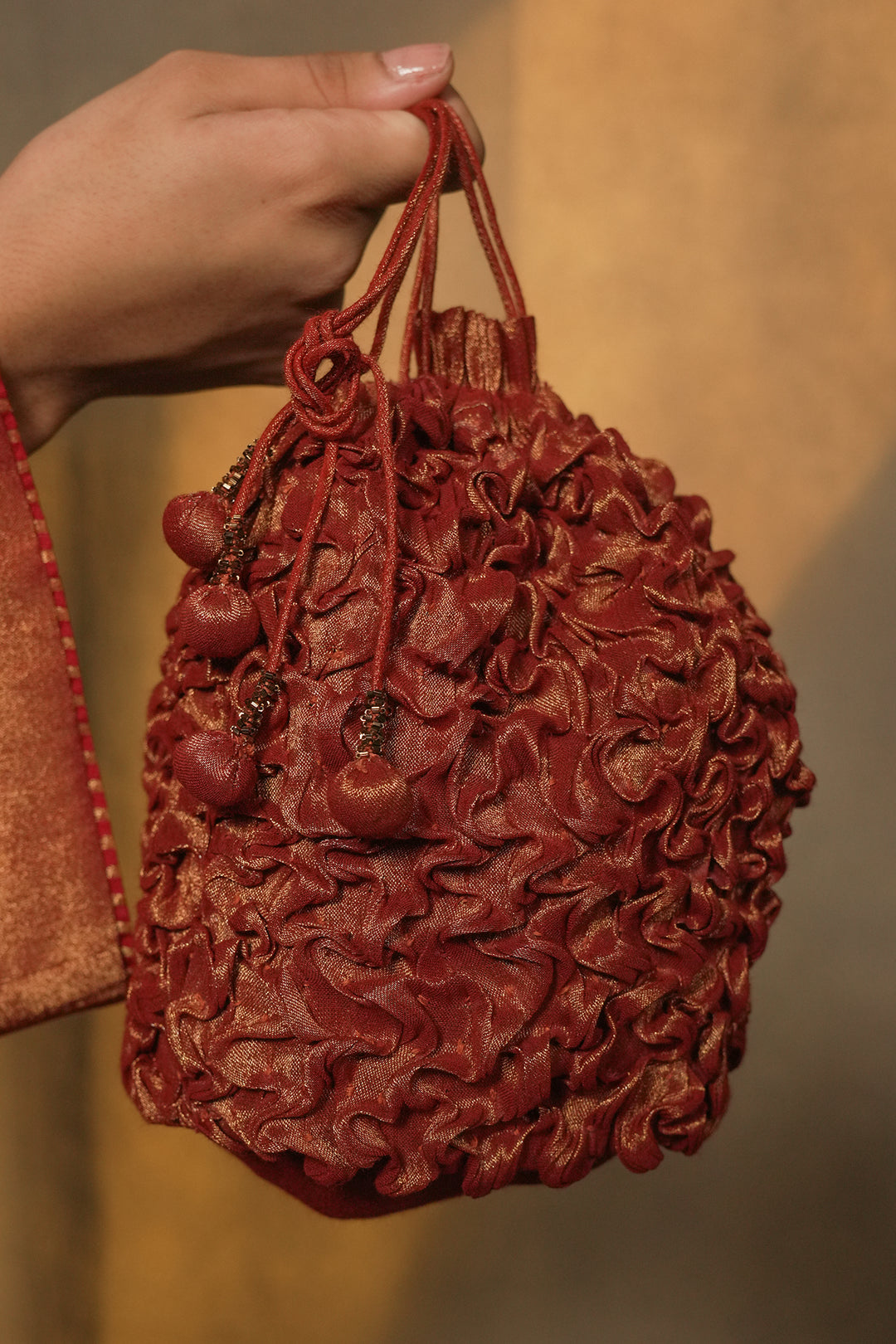 Maroon Hand Embroidered Tissue Potli