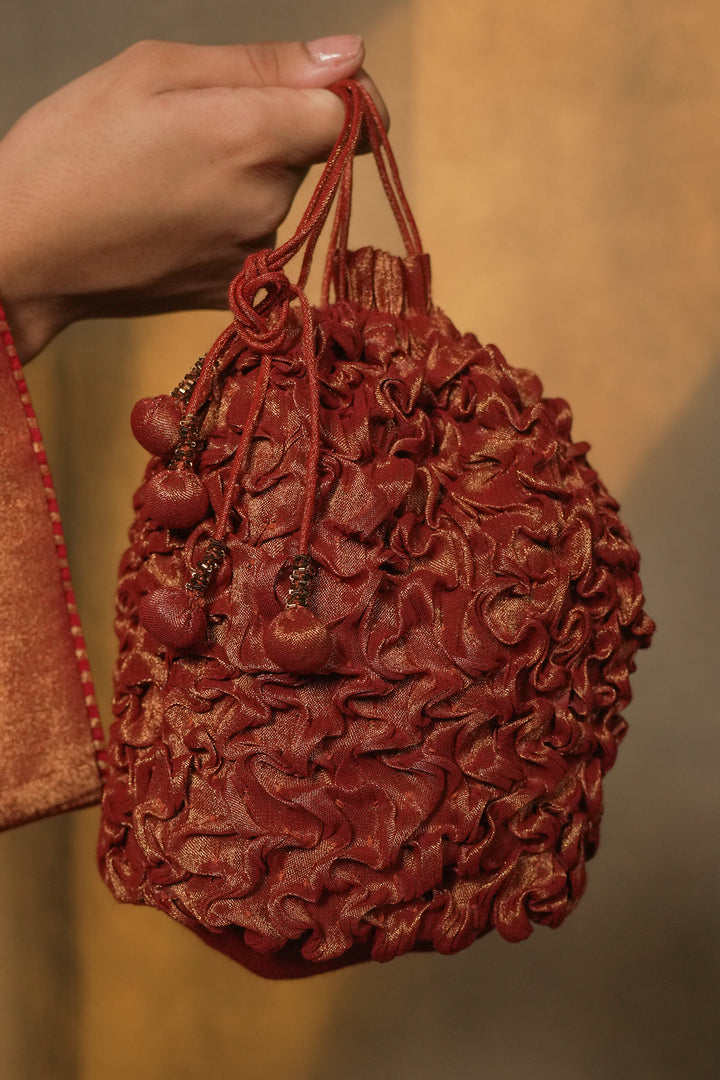 Maroon Hand Embroidered Tissue Potli