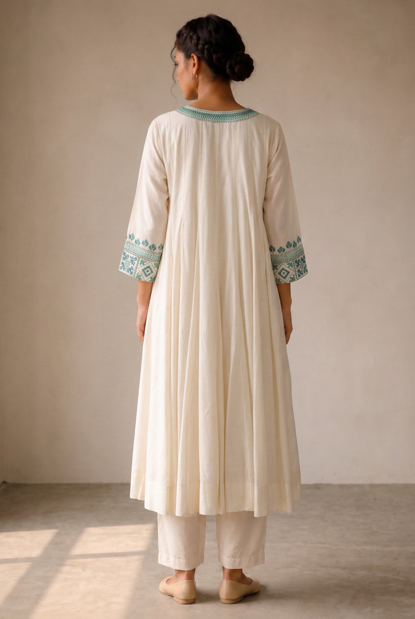 Off White & Teal Embroidered Cotton Silk Kurta Set
