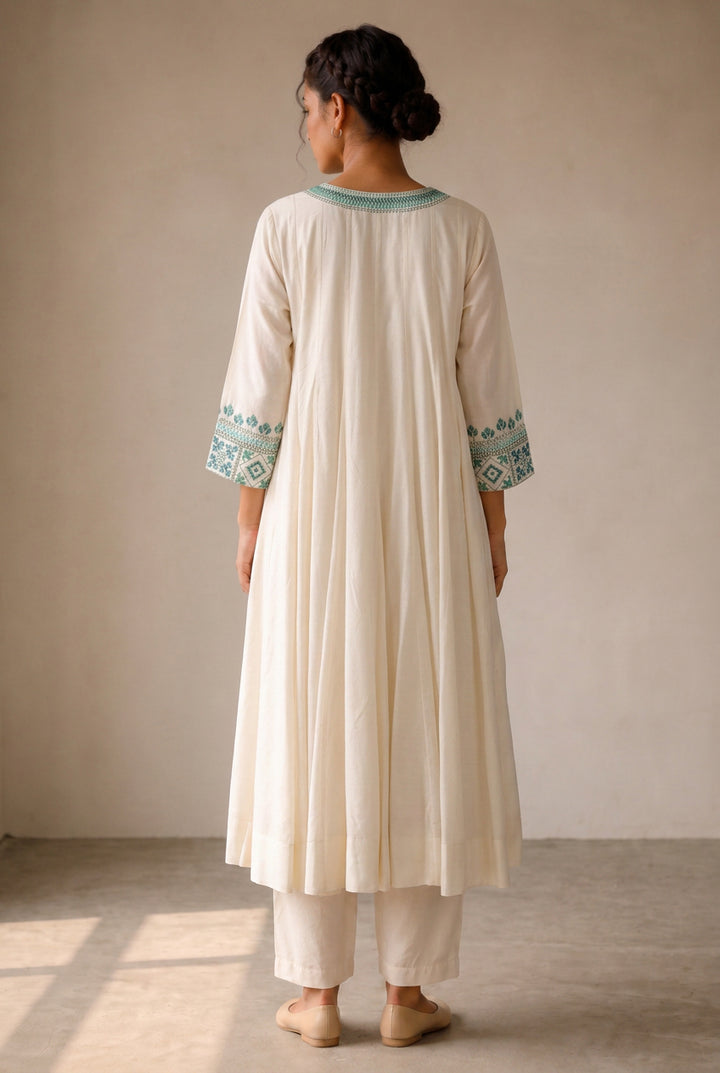 Off White & Teal Embroidered Cotton Silk Kurta Set