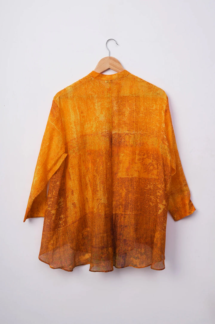 Orange Printed Chanderi Oversized Shirt