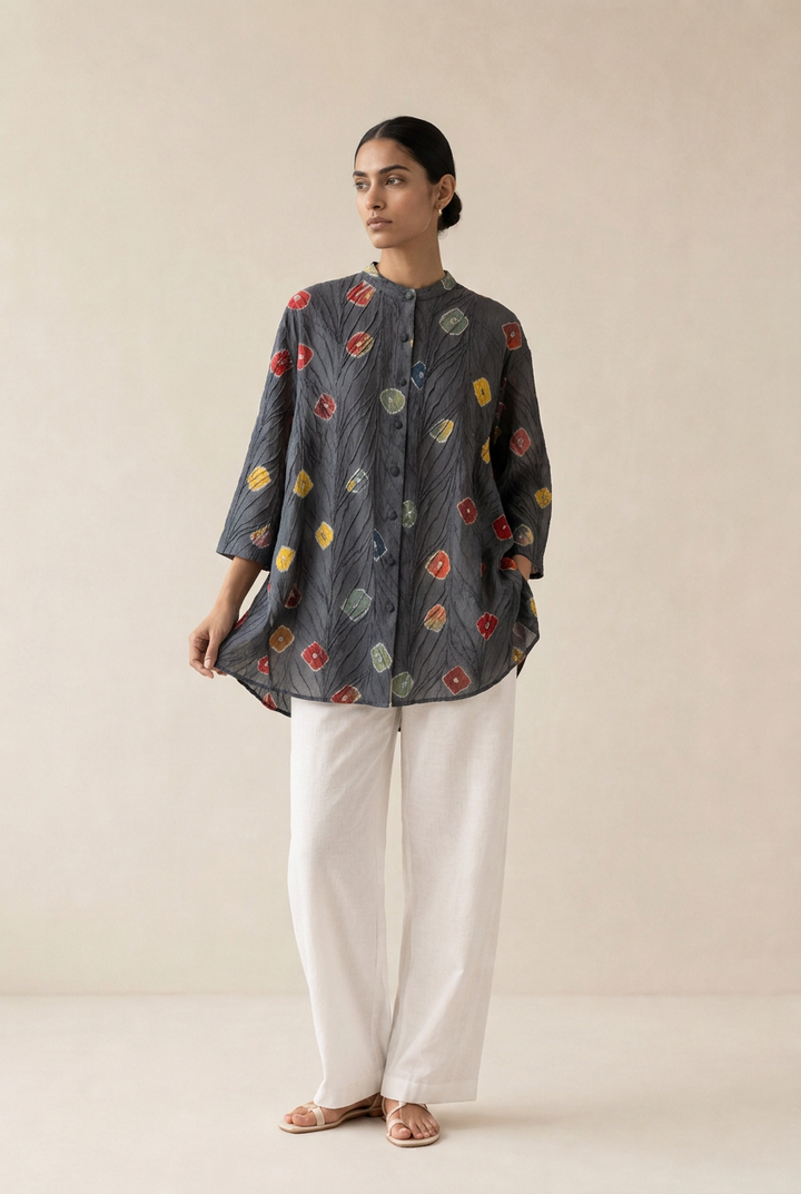 Grey Bandhani Chanderi Shirt