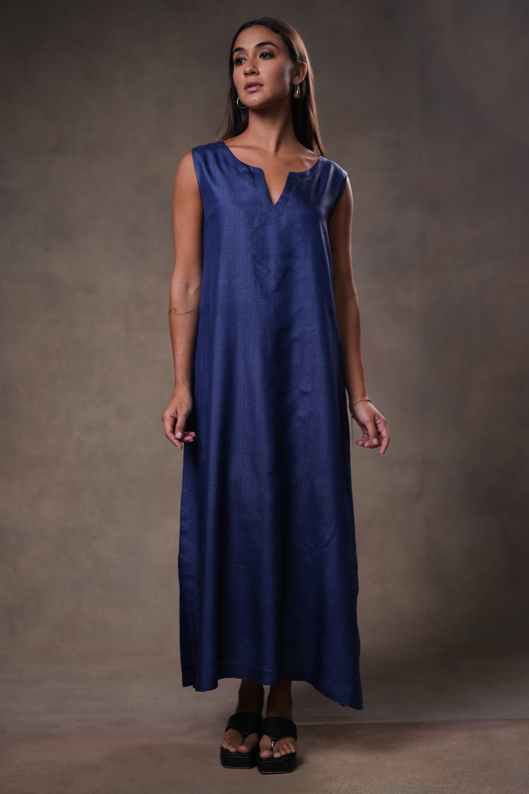 Layered Indigo Blue Tussar Silk Dress with Oversized Tunic