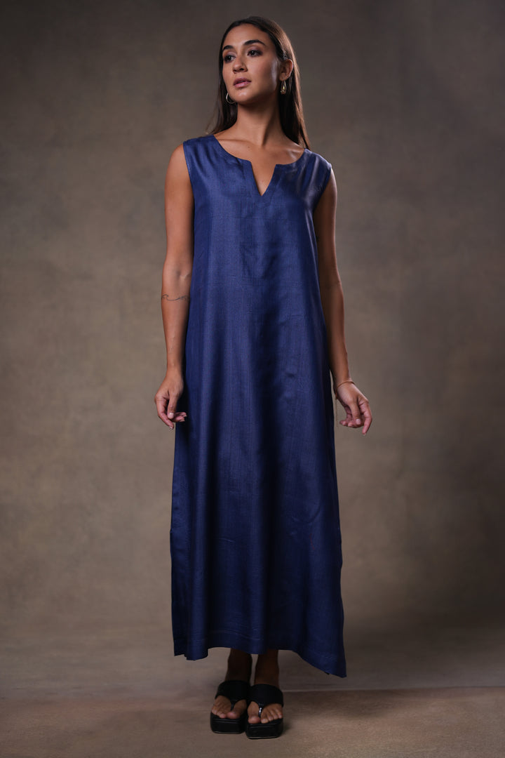 Layered Indigo Blue Tussar Silk Dress with Oversized Tunic