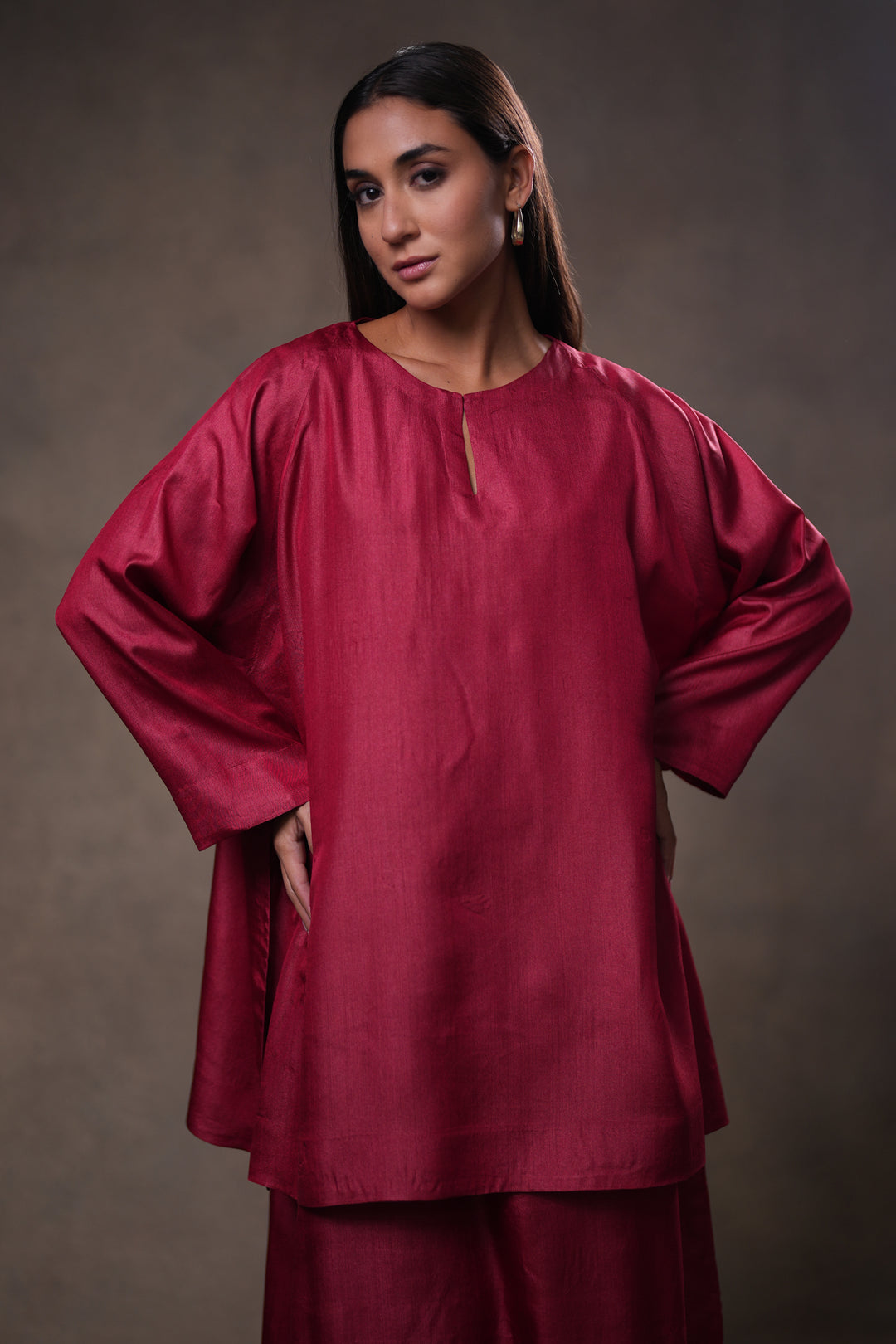 Layered Berry Red Tussar Silk Dress with Oversized Tunic