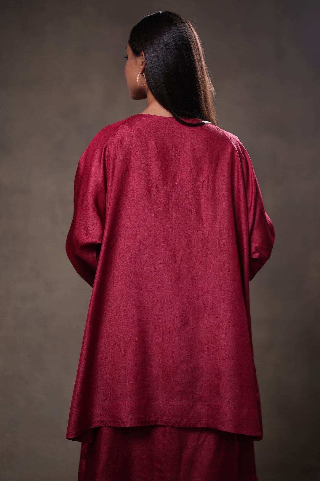 Layered Berry Red Tussar Silk Dress with Oversized Tunic