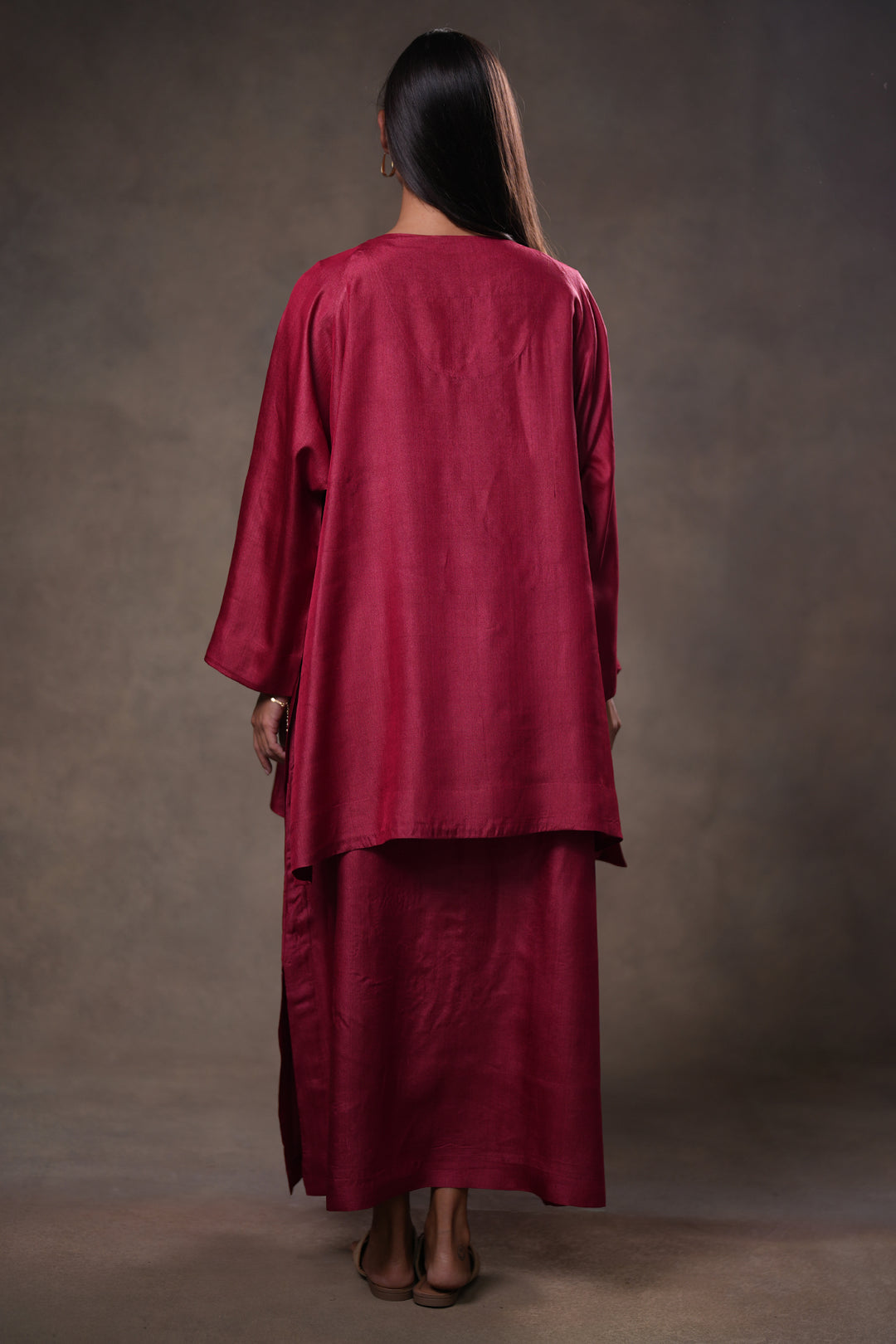 Layered Berry Red Tussar Silk Dress with Oversized Tunic