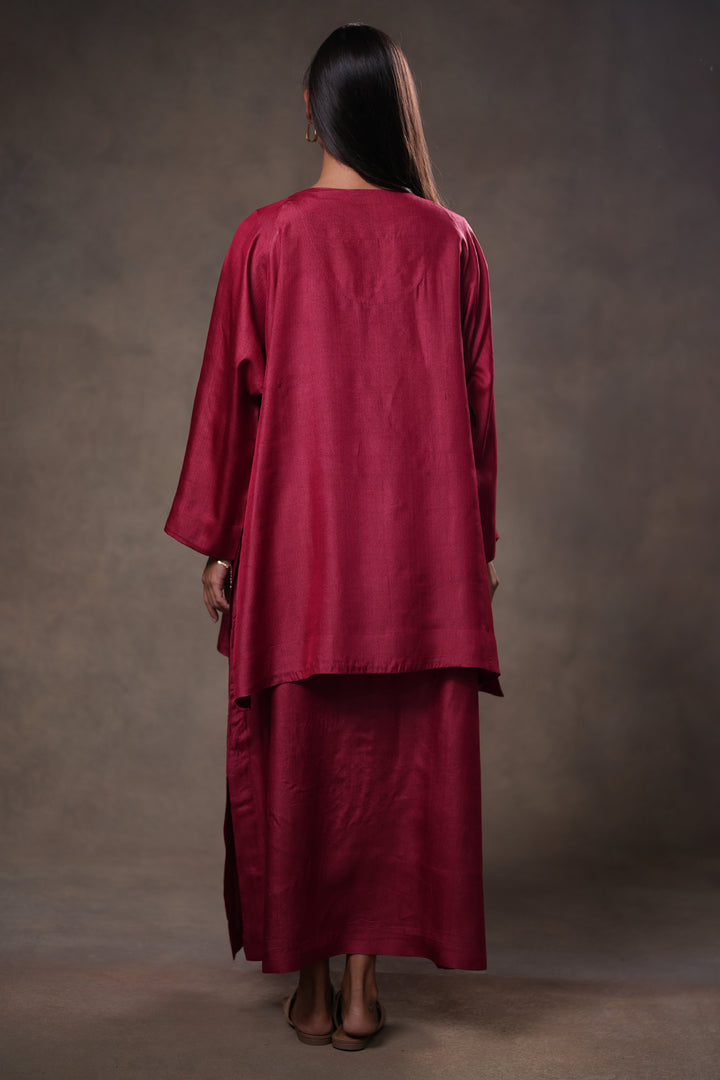 Layered Berry Red Tussar Silk Dress with Oversized Tunic