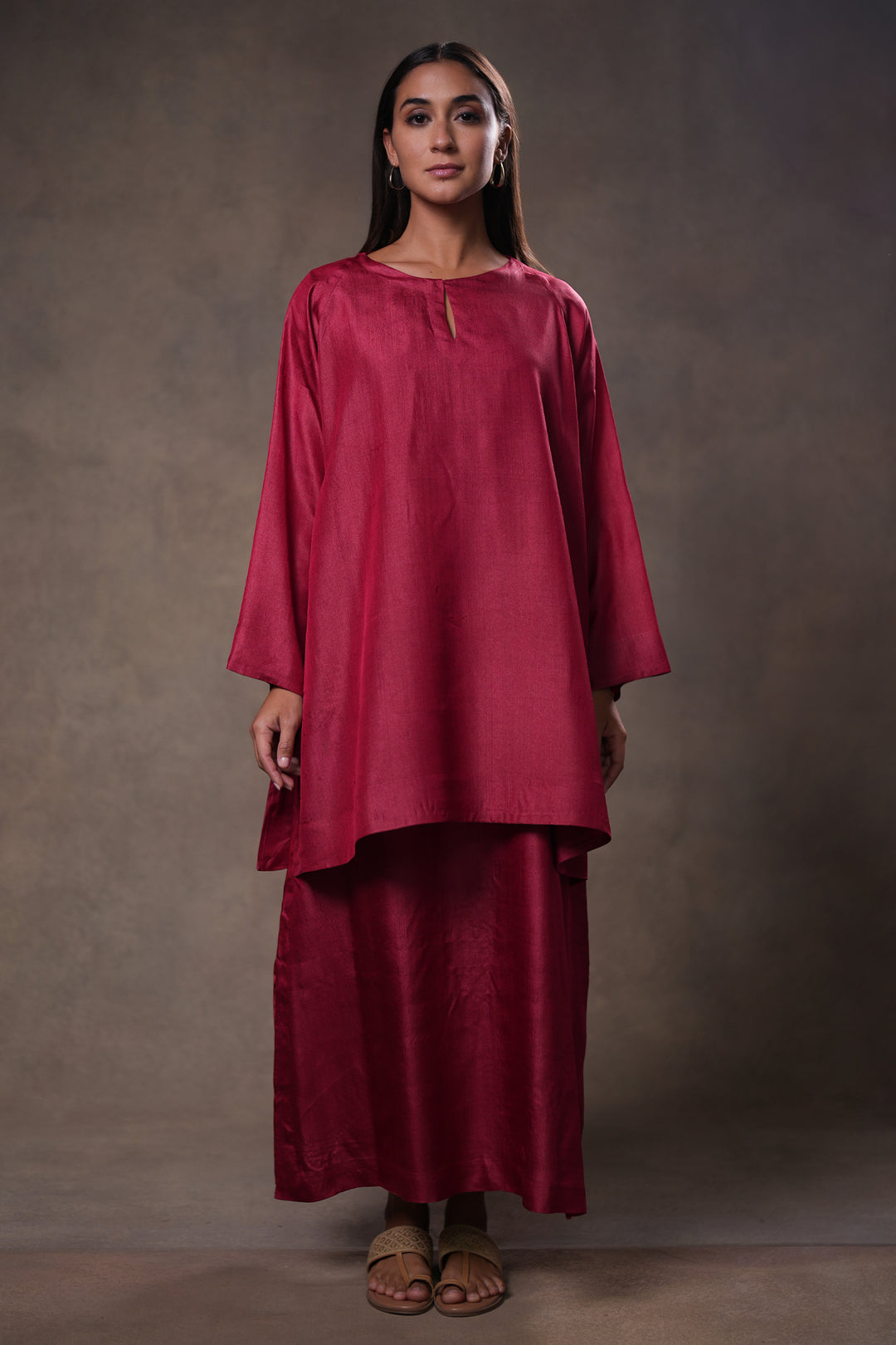 Layered Berry Red Tussar Silk Dress with Oversized Tunic
