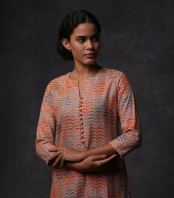 Peach Patch Work Embroidered Kurta