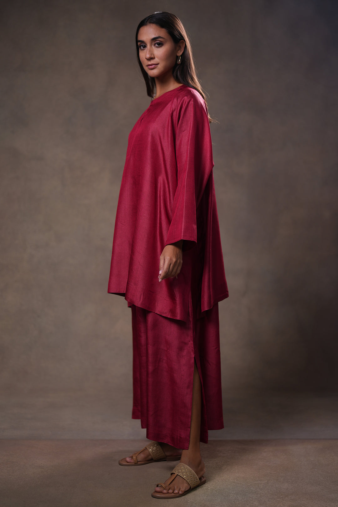 Layered Berry Red Tussar Silk Dress with Oversized Tunic