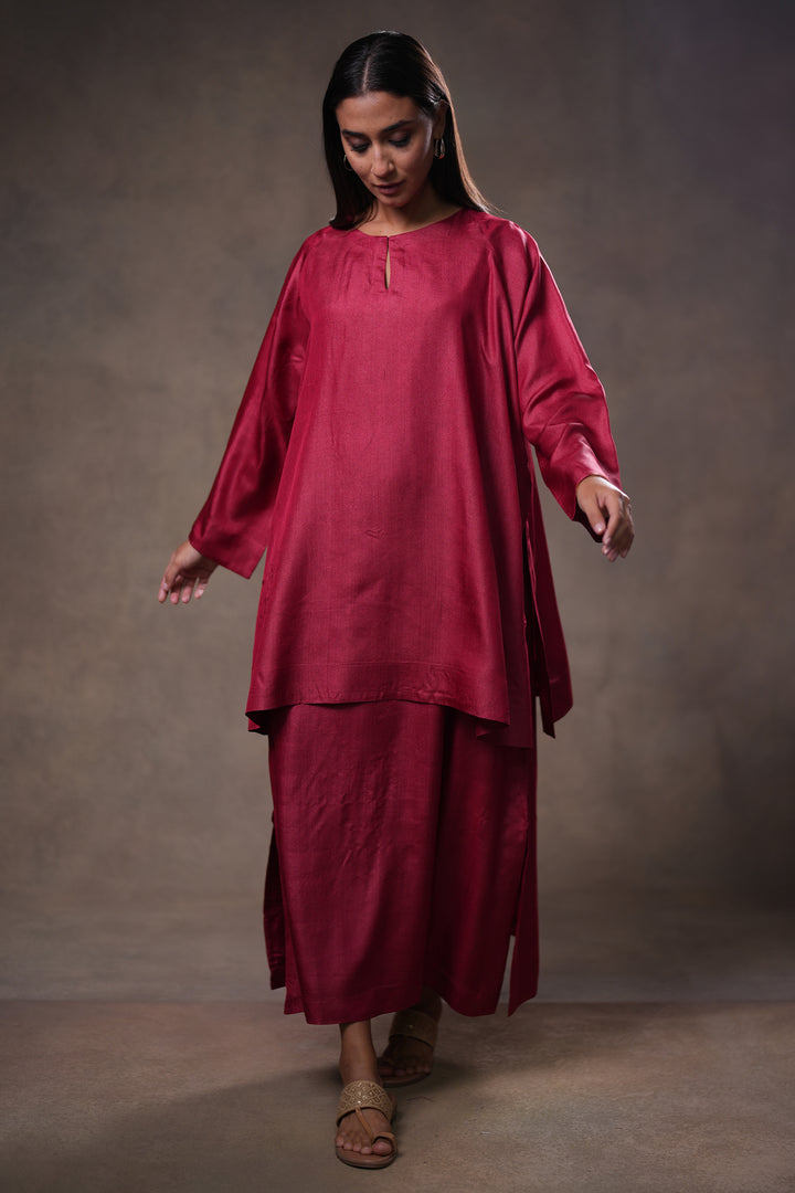 Layered Berry Red Tussar Silk Dress with Oversized Tunic