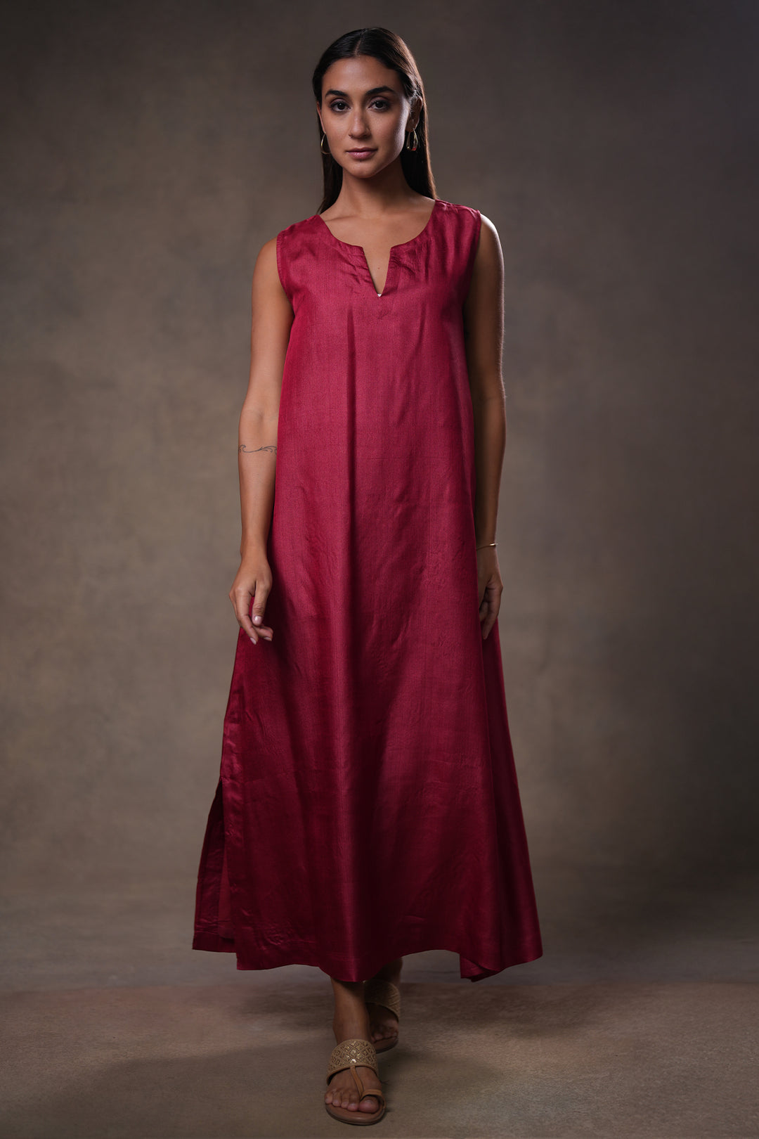 Layered Berry Red Tussar Silk Dress with Oversized Tunic