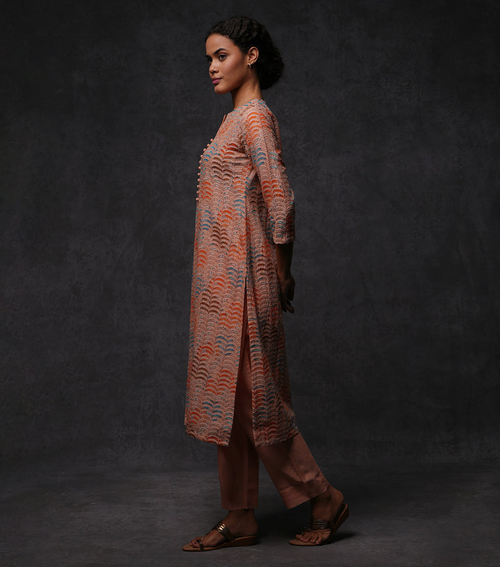 Peach Patch Work Embroidered Kurta