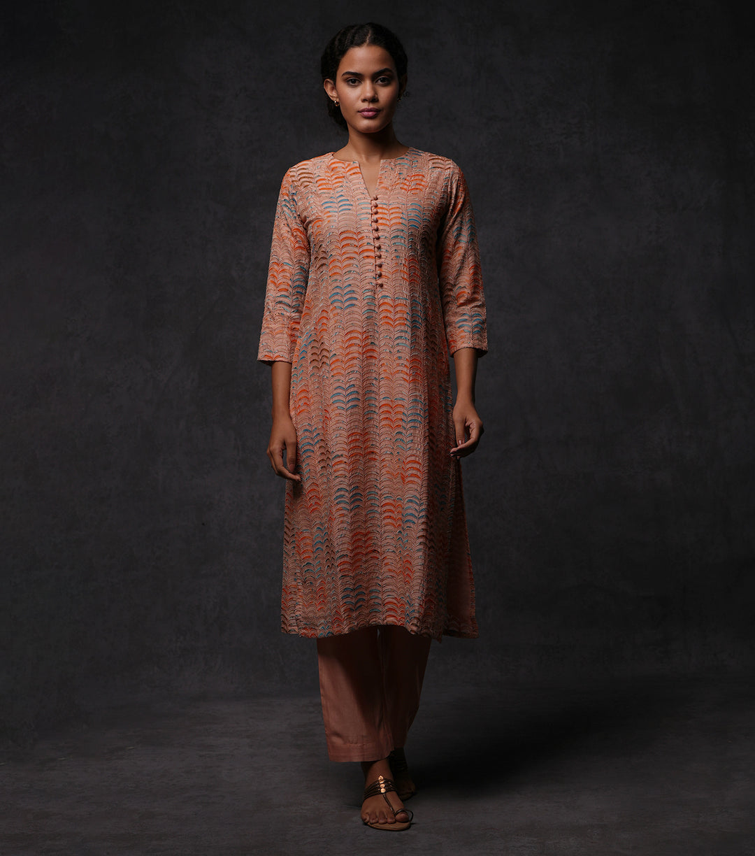 Peach Patch Work Embroidered Kurta