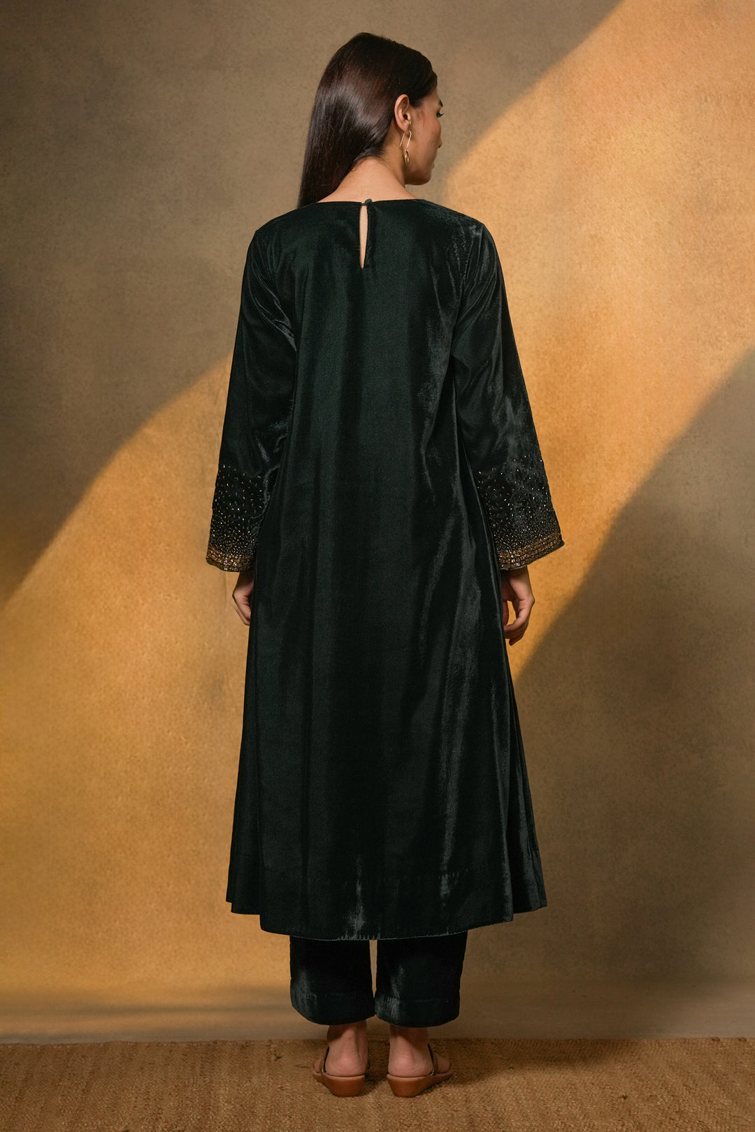 Emerald Green Velvet Kurta with Pants and Tissue Dupatta