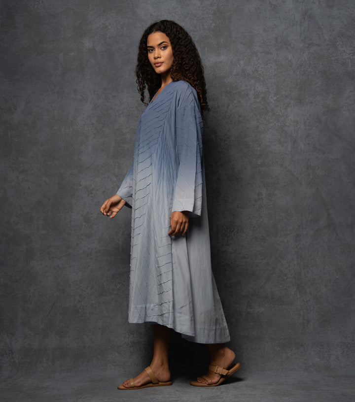 Blue Ombre Thread Embroidered Cotton Dress