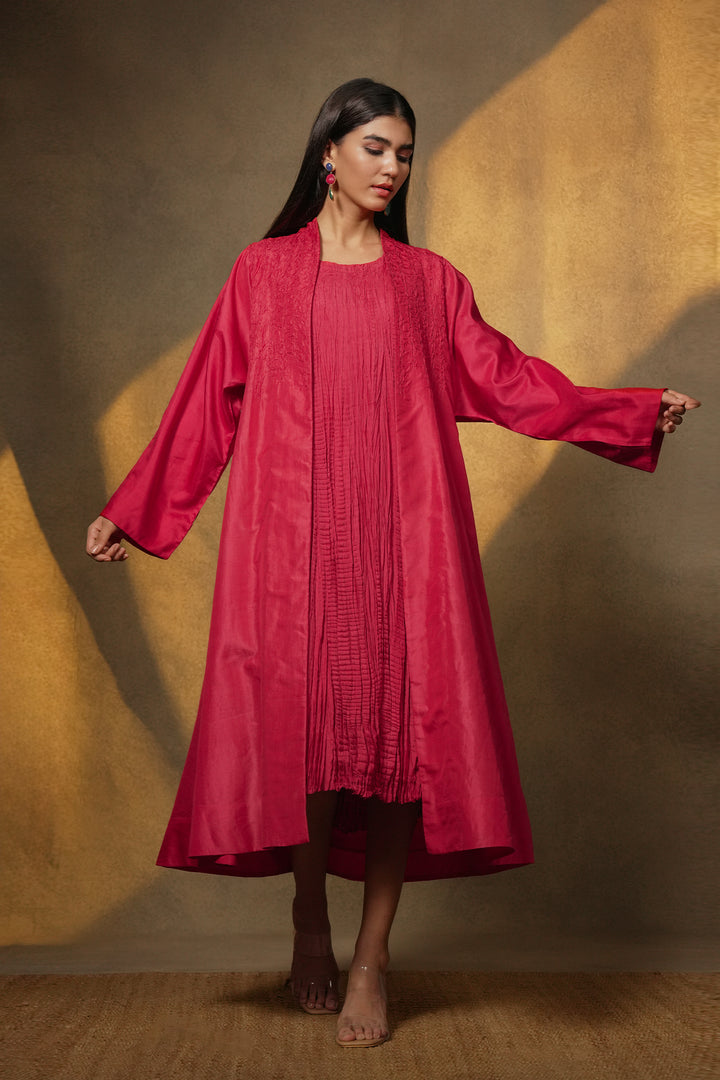 Pink Silk Embroidered Jacket with Crinkle Slip