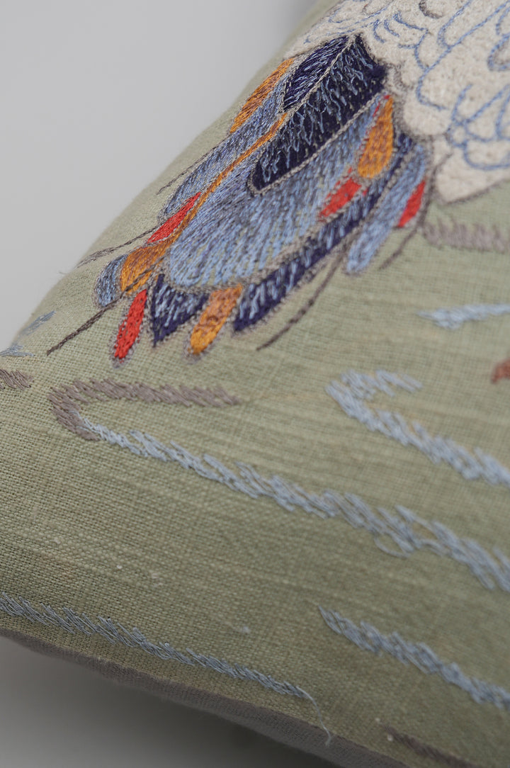 Crane Embroidered Cushion Cover