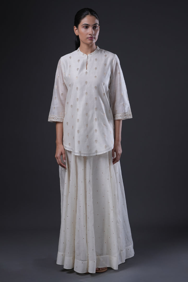 Natural Hand Embroidered Banarsi Chanderi Short Kurta