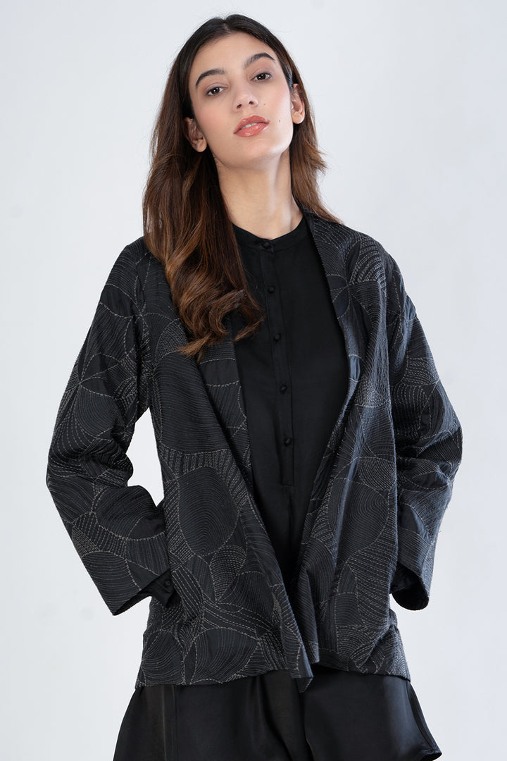 Black Embroidered Quilted Silk Jacket