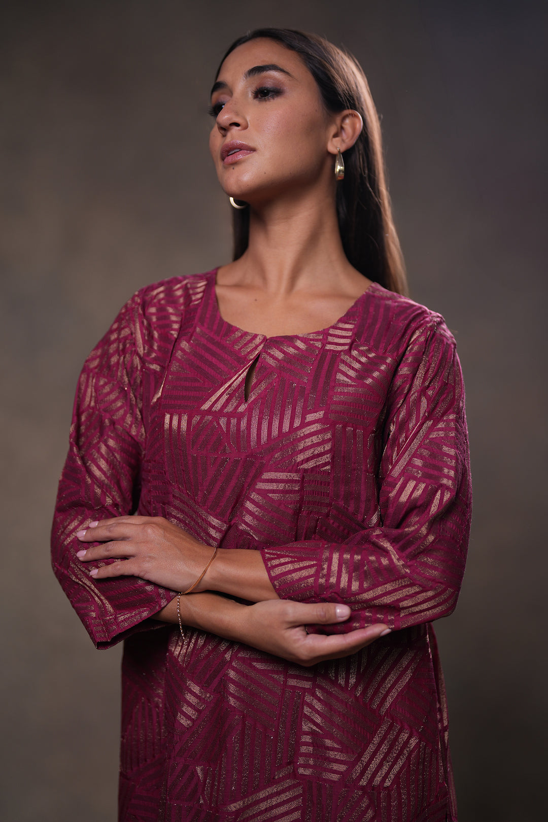 Wine Embroidered Cotton Silk Kurta with Pants and Dupatta