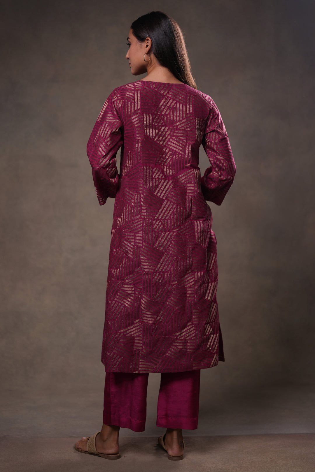 Wine Embroidered Cotton Silk Kurta with Pants and Dupatta
