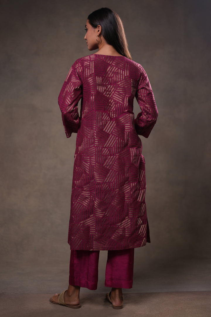 Wine Embroidered Cotton Silk Kurta with Pants and Dupatta