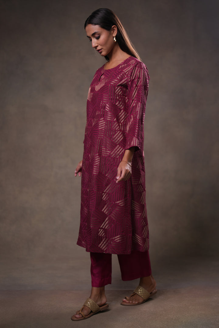 Wine Embroidered Cotton Silk Kurta with Pants and Dupatta