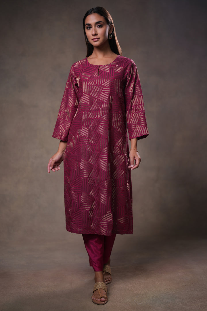 Wine Embroidered Cotton Silk Kurta with Pants and Dupatta